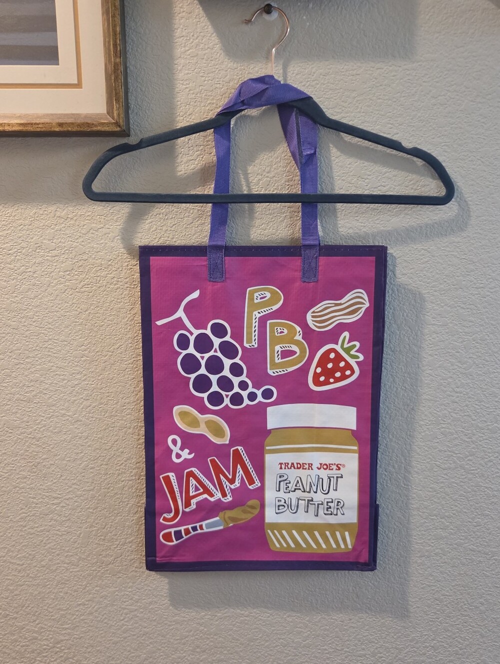 Trader Joe's PB & Jam Reusable Tote - Pink & Purple Onthwr Side Mac & Cheese